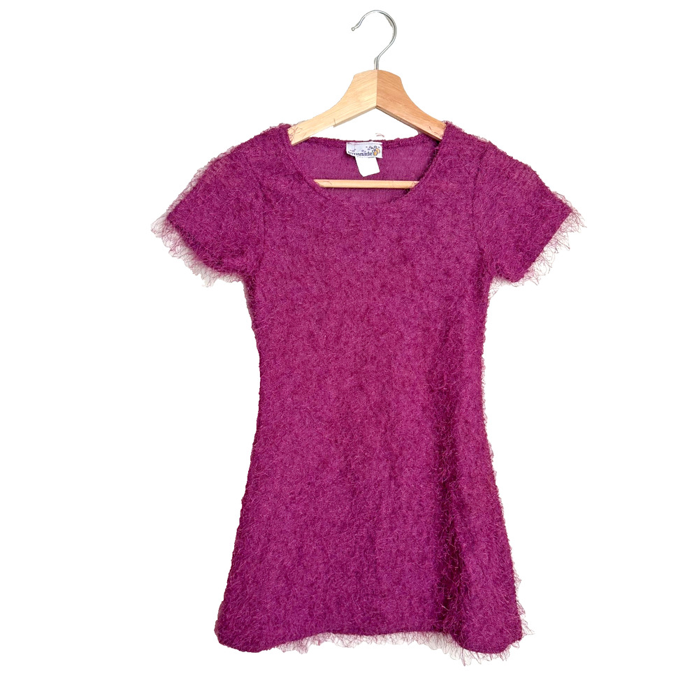 Vintage Lemonade Girls Fuzzy Knit Dress M 10/12 Magenta Eyelash USA 25” EUC